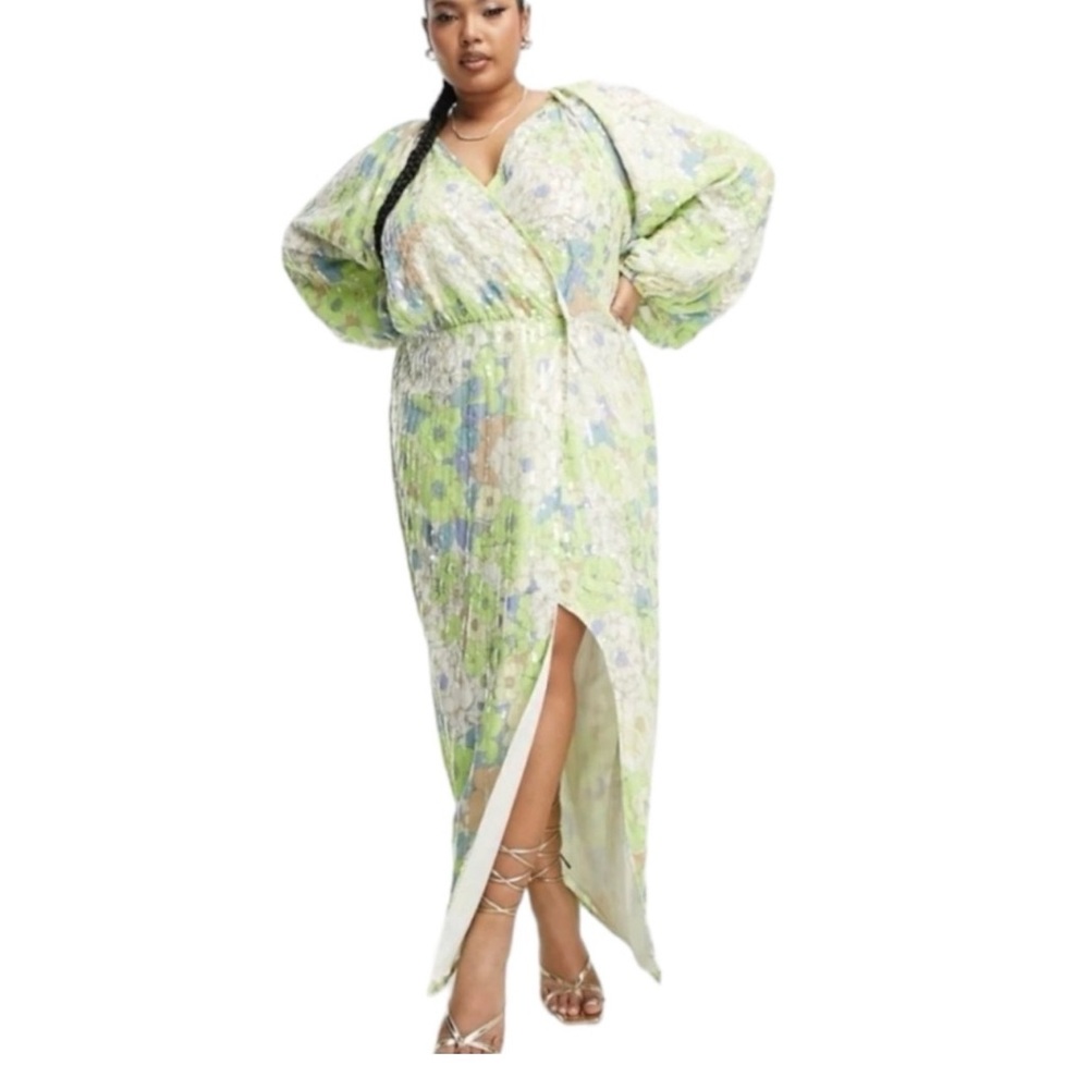 ASOS Floral Long Sleeve Sequin Maxi Dress in Green and White